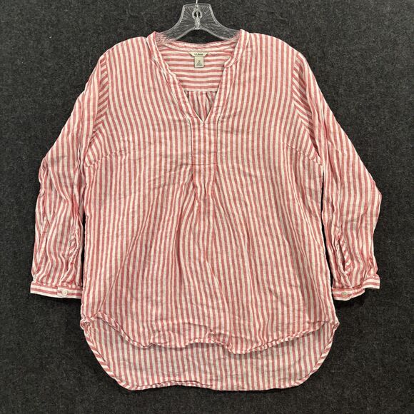 LL Bean Shirt Women's Medium Pink White Stripe 100% Linen Tunic Popover Top - Picture 1 of 8